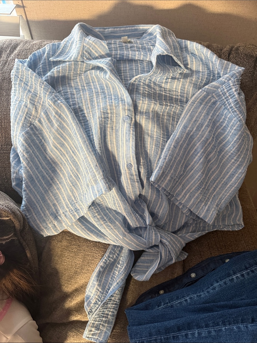 Light Blue Striped Tie-Front Shirt - Women's Top